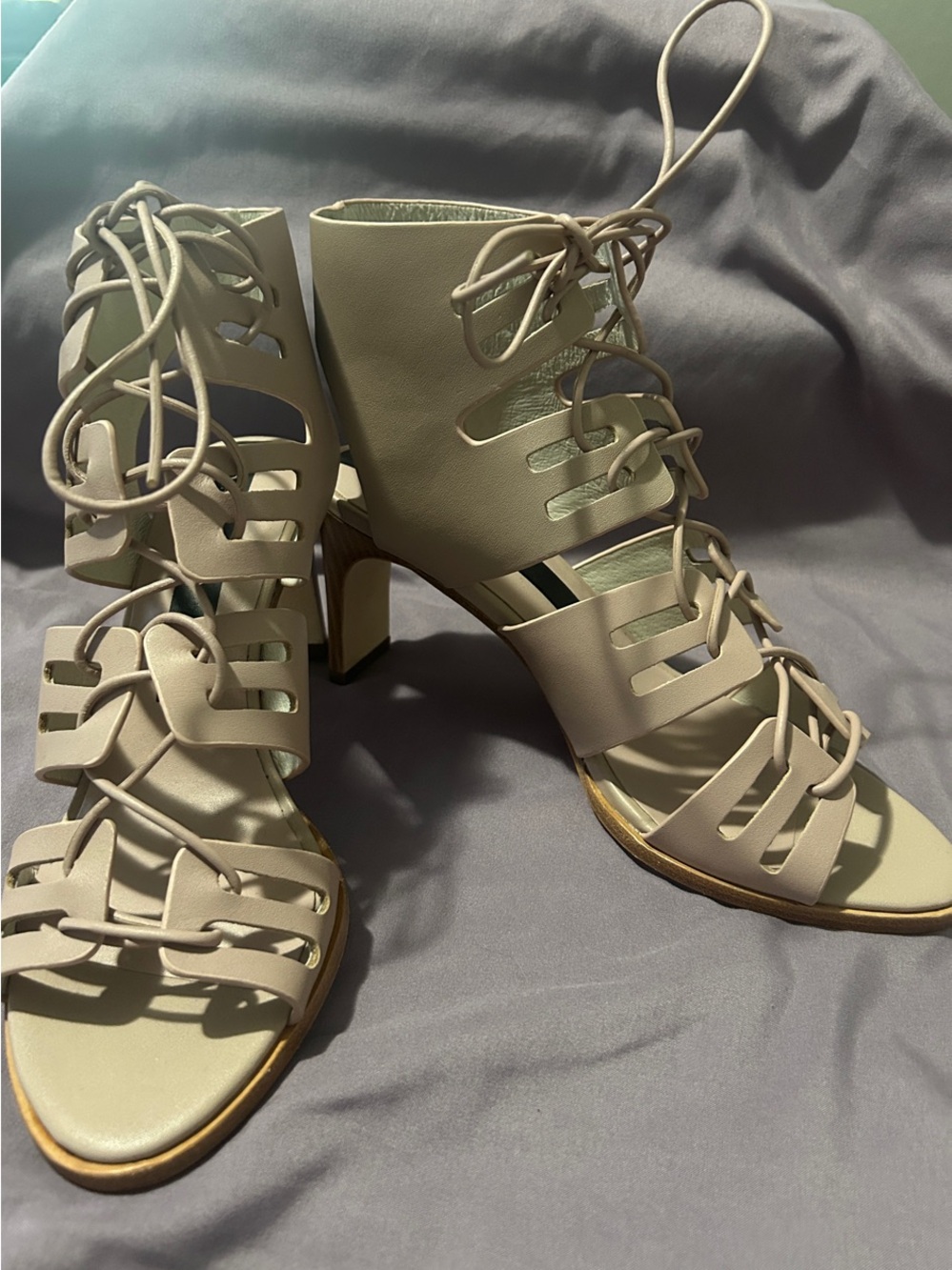Strappy Lace-Up Heeled Sandals in Light Taupe, Matt Bernson, Size 8
